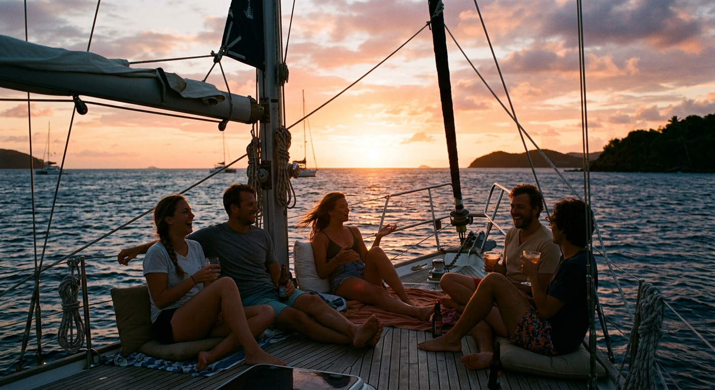 Friends relaxing on the bow of a yacht at sunset